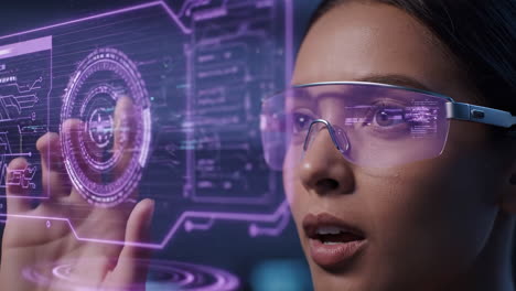 woman engaging with futuristic augmented reality display
