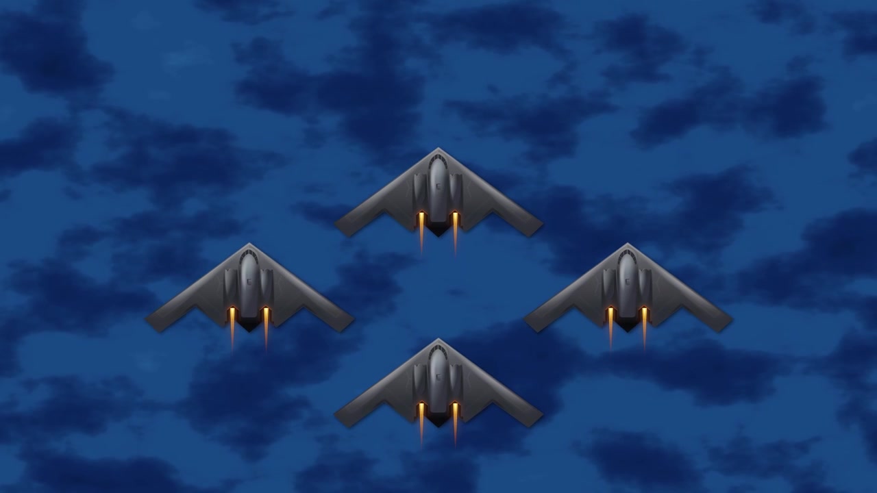 Bombardieri stealth animati volano in formazione a diamante su uno sfondo di cielo nuvoloso blu scuro