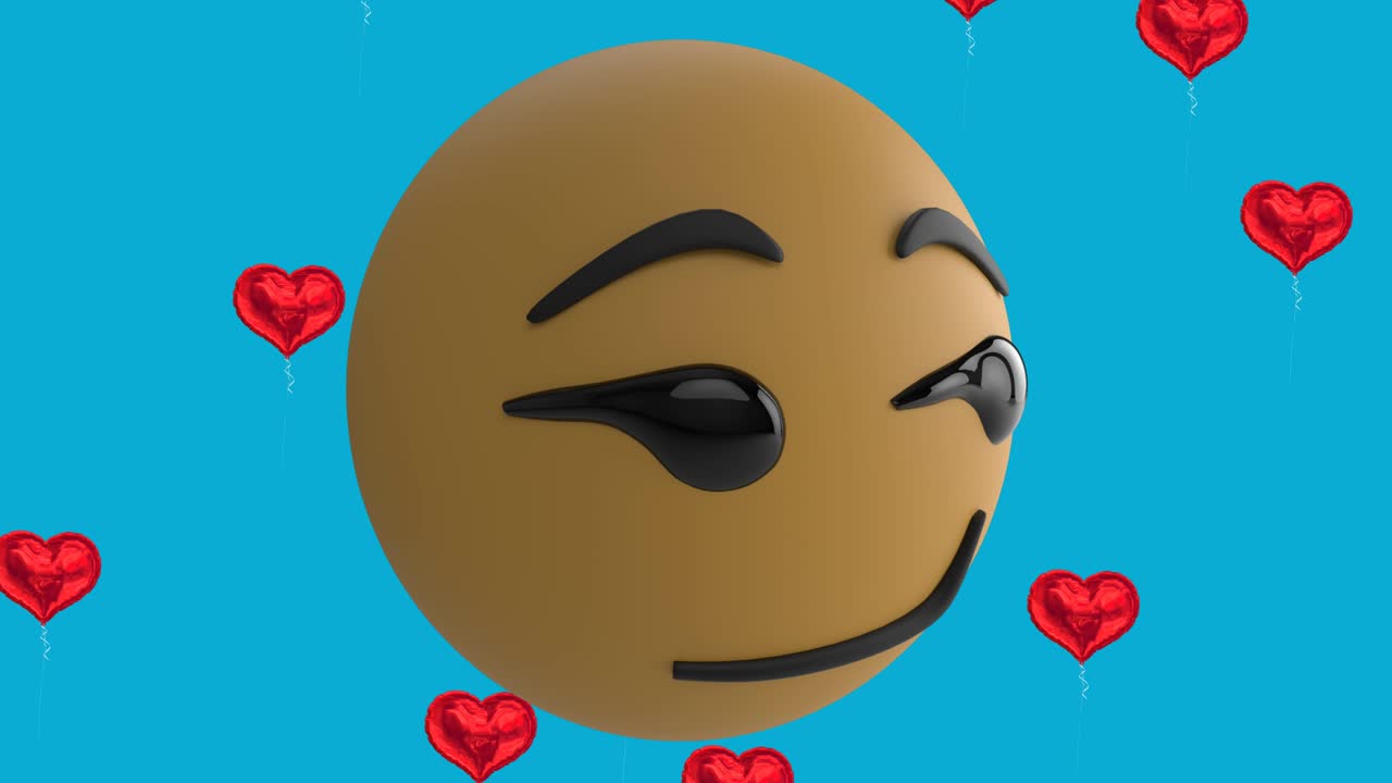Animación de icono de emoji sonriente con iconos de globos de corazones rojos sobre fondo azul.