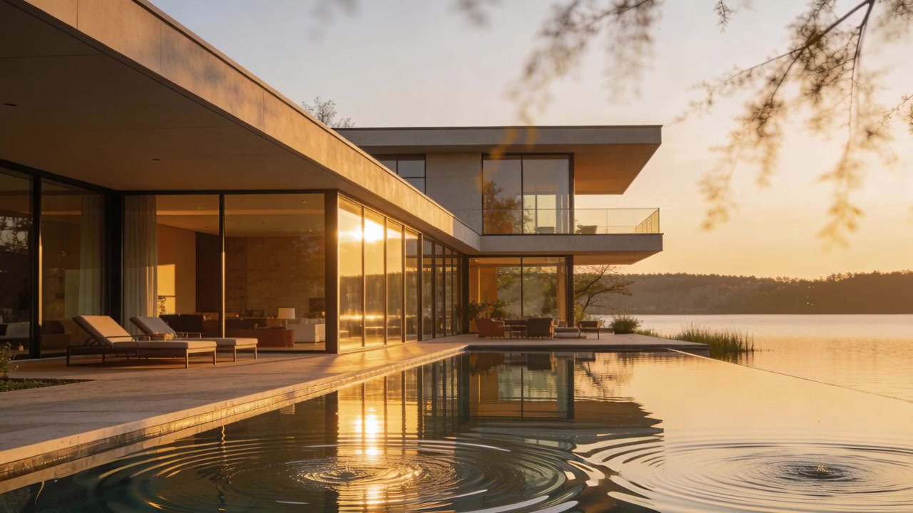 Showing lakeside two-story house at sunset, breeze nudging infinity pool, ripples expanding