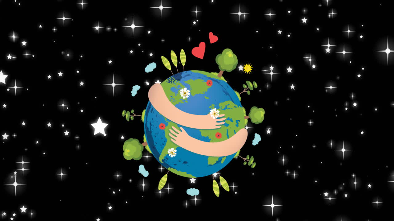 밤하늘 위에 식물이 있는 지구를 포옹하는 팔의 애니메이션