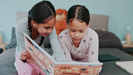 sisters, children and book for reading on bed