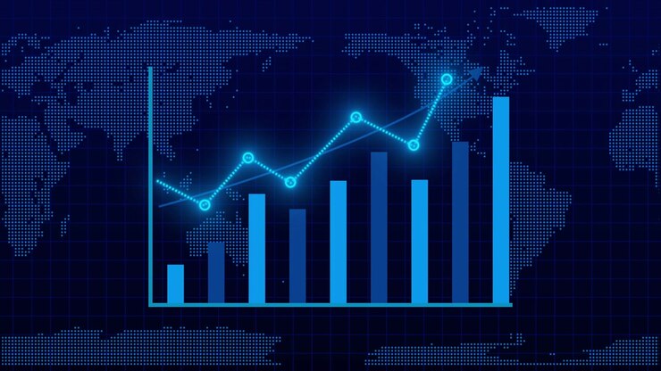 Mappa del Mondo Digitale con Grafico a Barre in Crescita e Linea di Tendenza Finanziaria