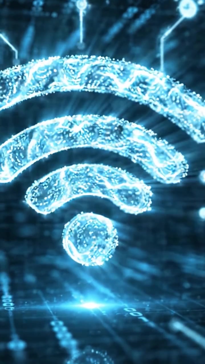 Illustration af et futuristisk digitalt landskab, der overgår fra strømmende data til et glødende forbindelsessymbol, der repræsenterer trådløse kommunikationsteknologier