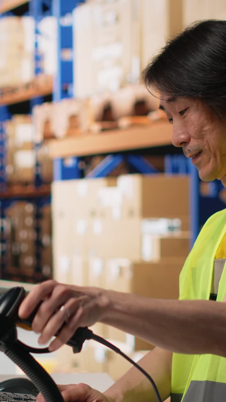 Vertical Video Asian employee registering airway bills in storehouse industrial depot