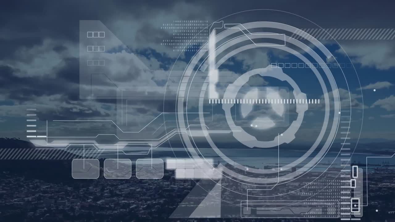 조명 레이더와 함께 hud 인터페이스의 애니메이션, 하늘에 밀집된 구름과 함께 도시 풍경의 공중 전망.