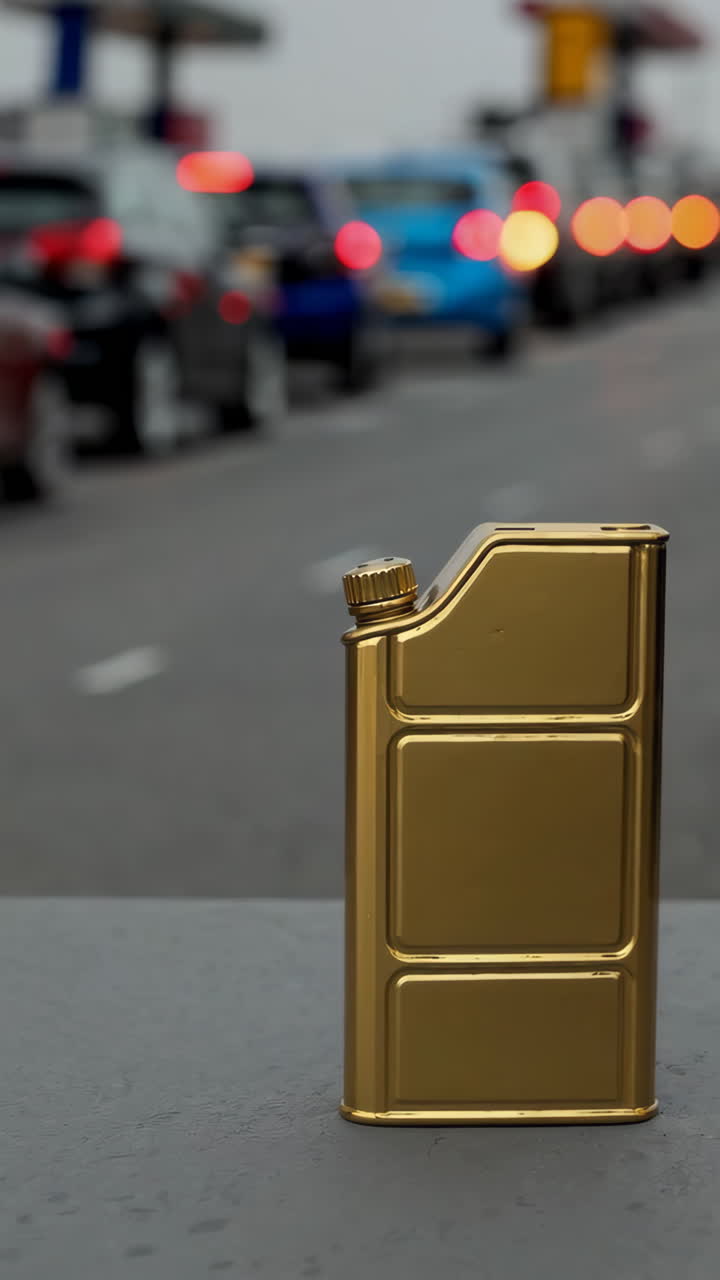 Golden Fuel Can on a Road with Blurred Traffic