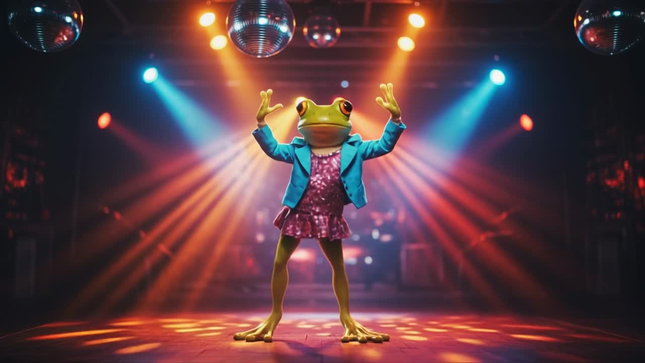 A delightful frog, adorned in a sparkling dress, showcases an enchanting dance in a lively club filled with vibrant lights and shimmering disco balls