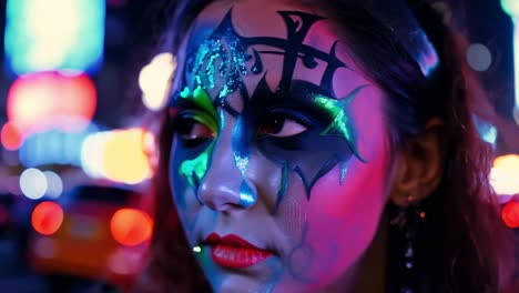 woman with neon face paint in a city at night