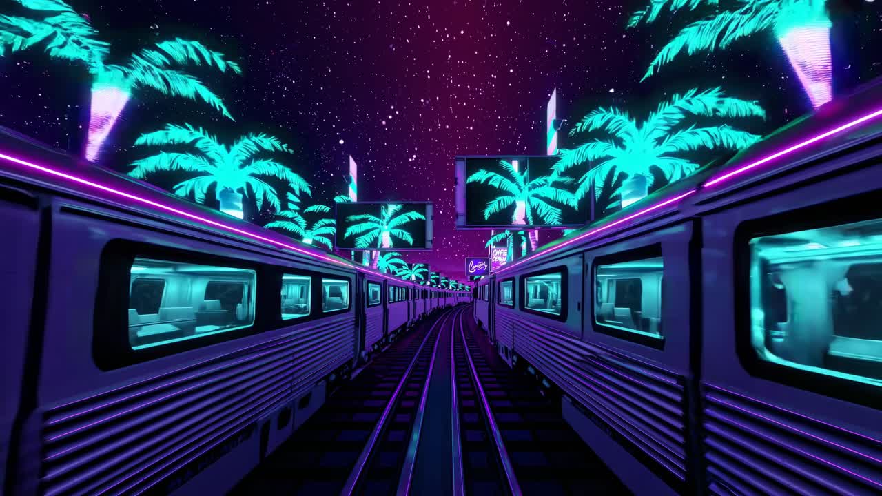 열대 야간 도시 를 가로질러 운행 하는 레트로 미래주의적 인 열차