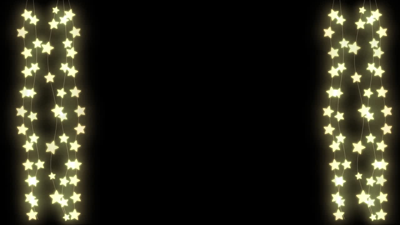 animación de luces de hadas de estrellas colgantes, con navidad blanca y fuegos artificiales de año nuevo en el cielo nocturno