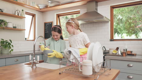 learning, children and cleaning dishes in kitchen