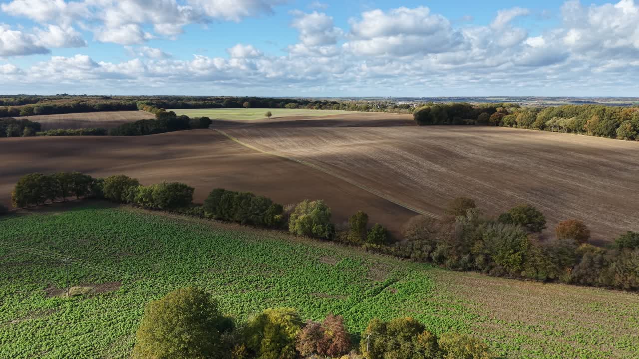 Luftaufnahme von gepflügten englischen Feldern im Herbst mit Wolkenschatten