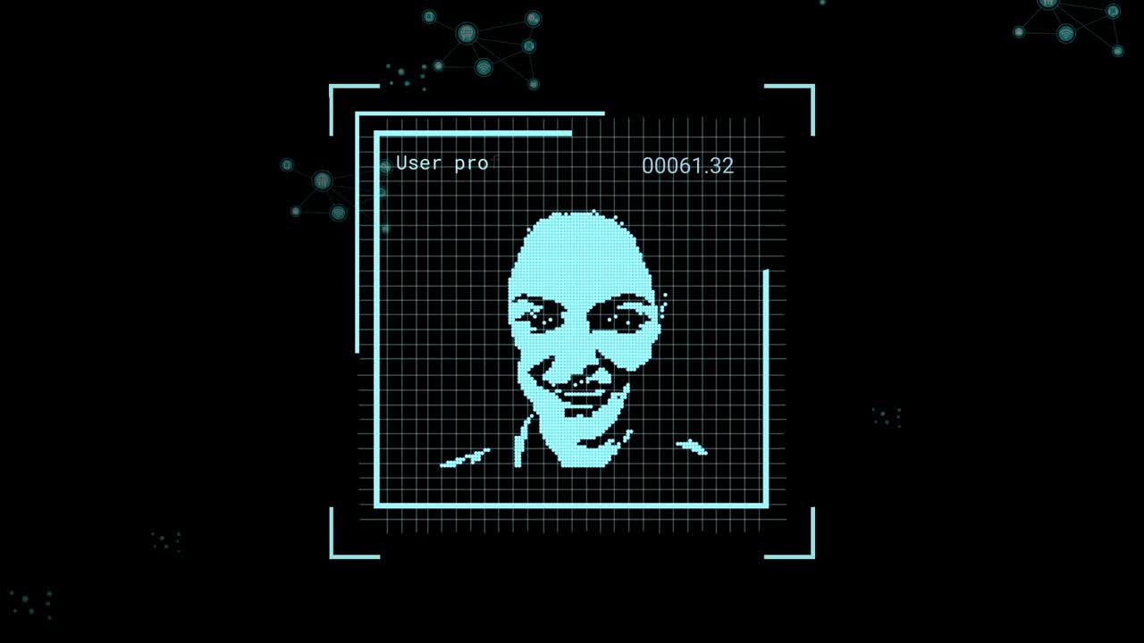 Animazione di elaborazione dati con persone su sfondo nero