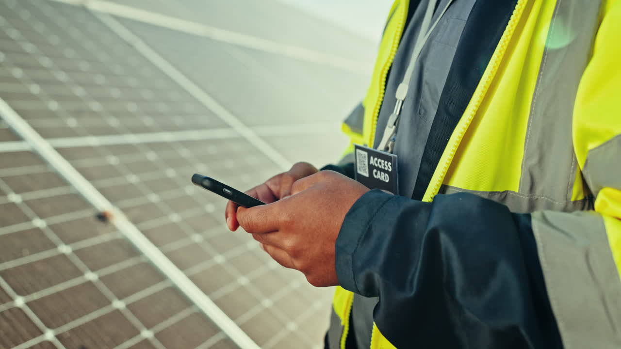 Solar panel, technician with phone