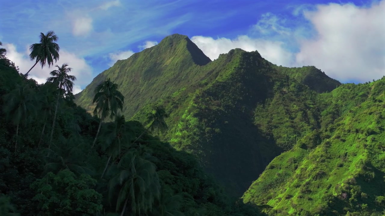 Towering peaks of Teahupo'o Teahupoo Jungle Palm Coconut trees Tahiti South Pacific Island French Polynesia aerial drone The End of the Road Vaiau volcanic sunny afternoon blue sky circle right motion