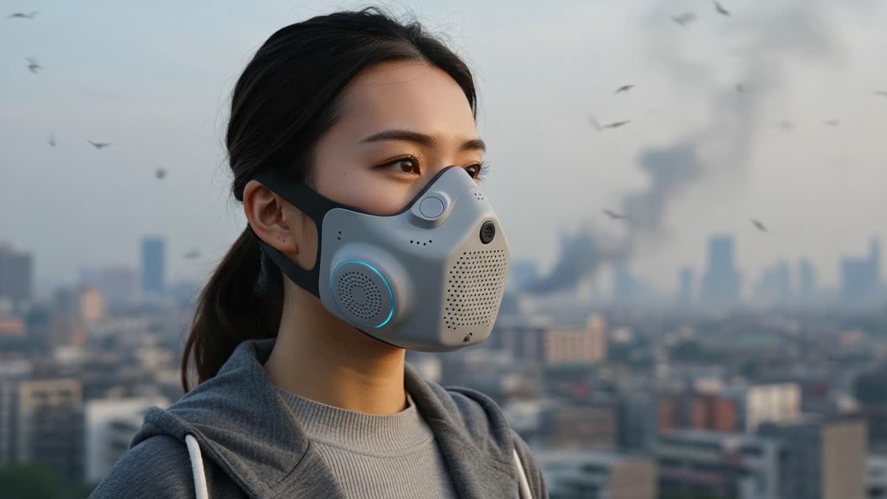 A woman gazes at the urban skyline, equipped with a modern protective mask, amidst a backdrop of city pollution and hazy atmosphere, underscoring the struggles of modern living