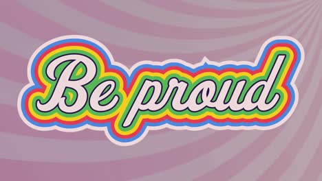 animación digital de texto orgulloso con efecto de sombra de arco iris contra un fondo radial púrpura