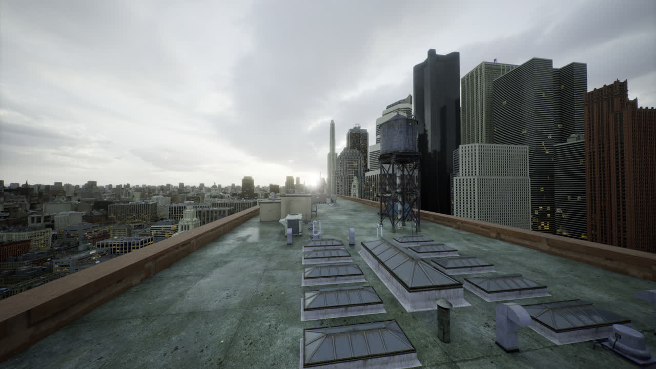 Rooftop view of an urban skyline during cloudy weather in late afternoon