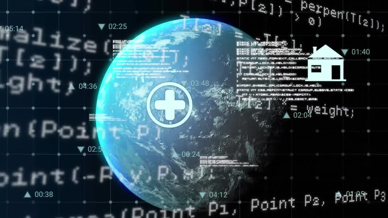 Animation of computer language and icons over globe and changing numbers on black background
