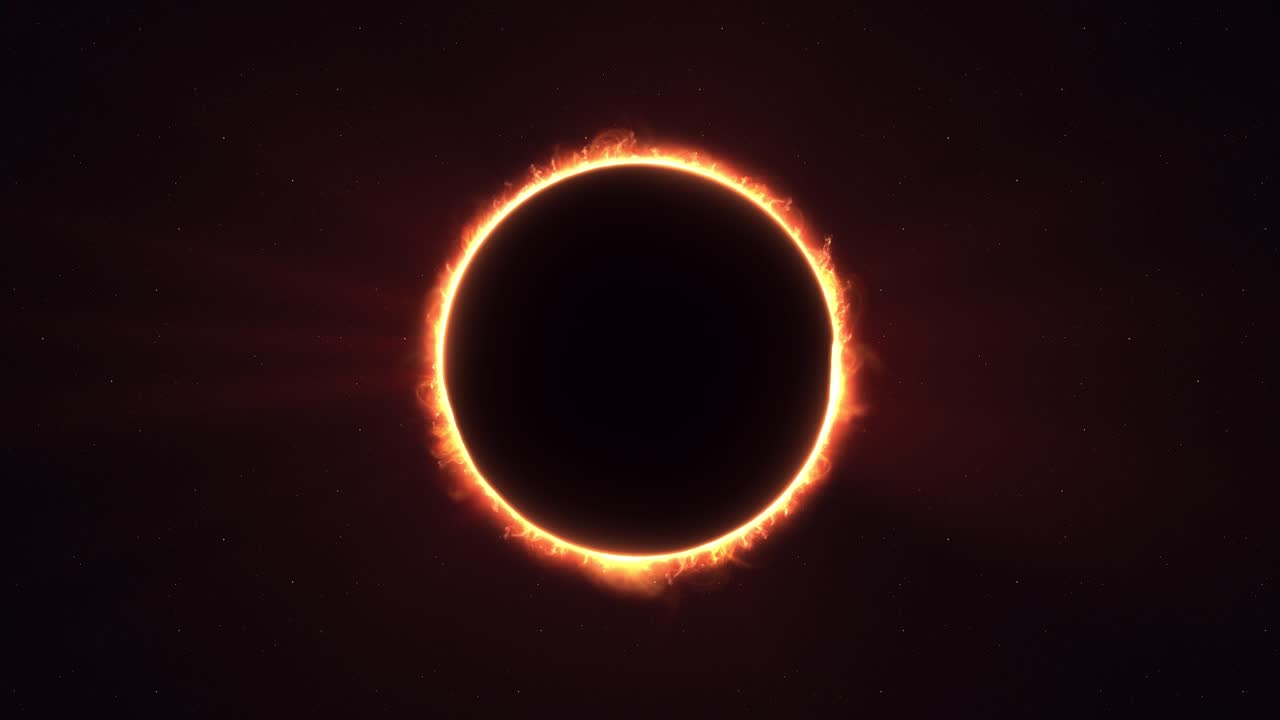 Glowing sunflare around solar eclipse as bright yellow rays bounce on both sides