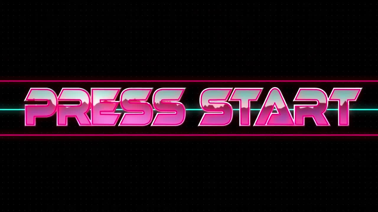 Animation of press start text in metallic pink letters and neon lines on black background