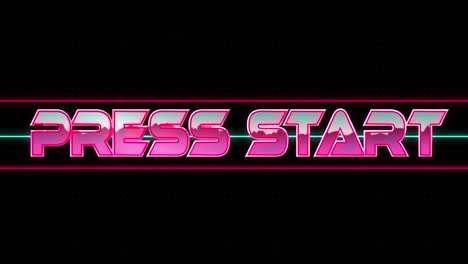 animation of press start text in metallic pink letters and neon lines on black background