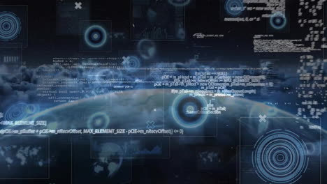 animation of computer language, circles, radars, globe over aerial view of dense clouds