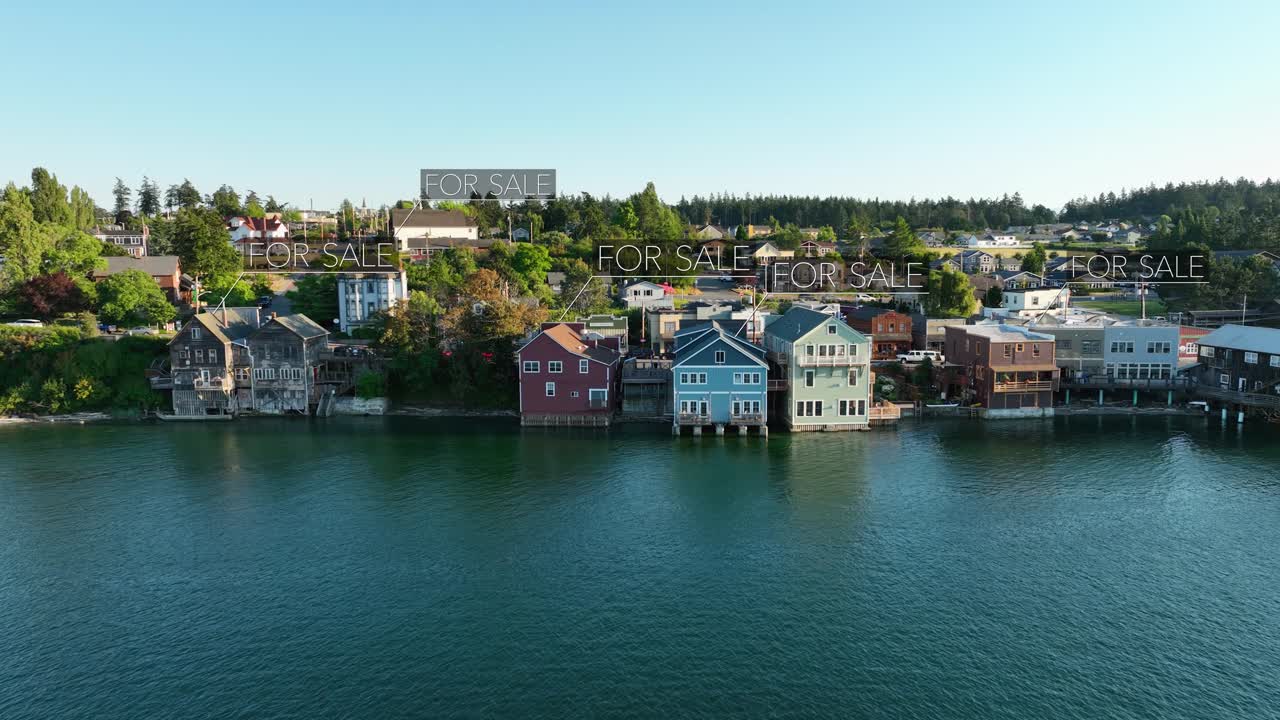 Waterfront homes with &amp;quot;FOR SALE&amp;quot; animations appearing above them
