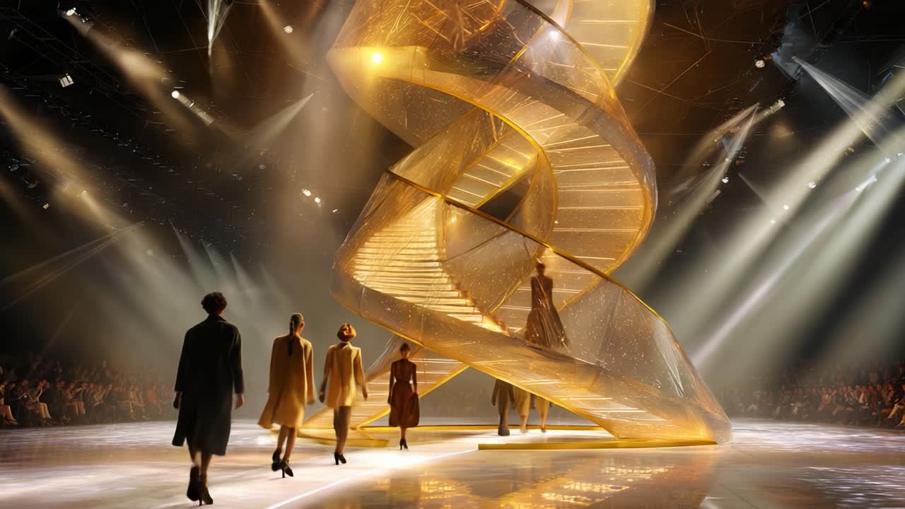 Elegant modeopvisning med modeller, der går op ad en spiralformet trappe med slående design, belyst af dramatisk scenelys, der fanger essensen af moderne couture og kreativitet i bevægelse