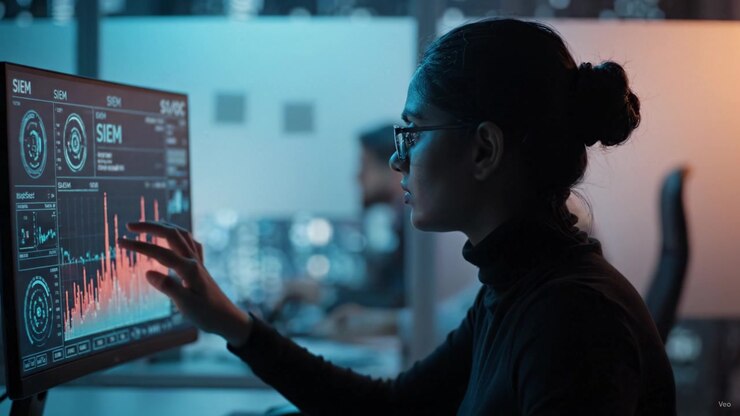 Focused on Cybersecurity: A Data Analyst Analyzing Detailed Graphs and Metrics on a Computer Screen in a Modern Digital Workspace Environment