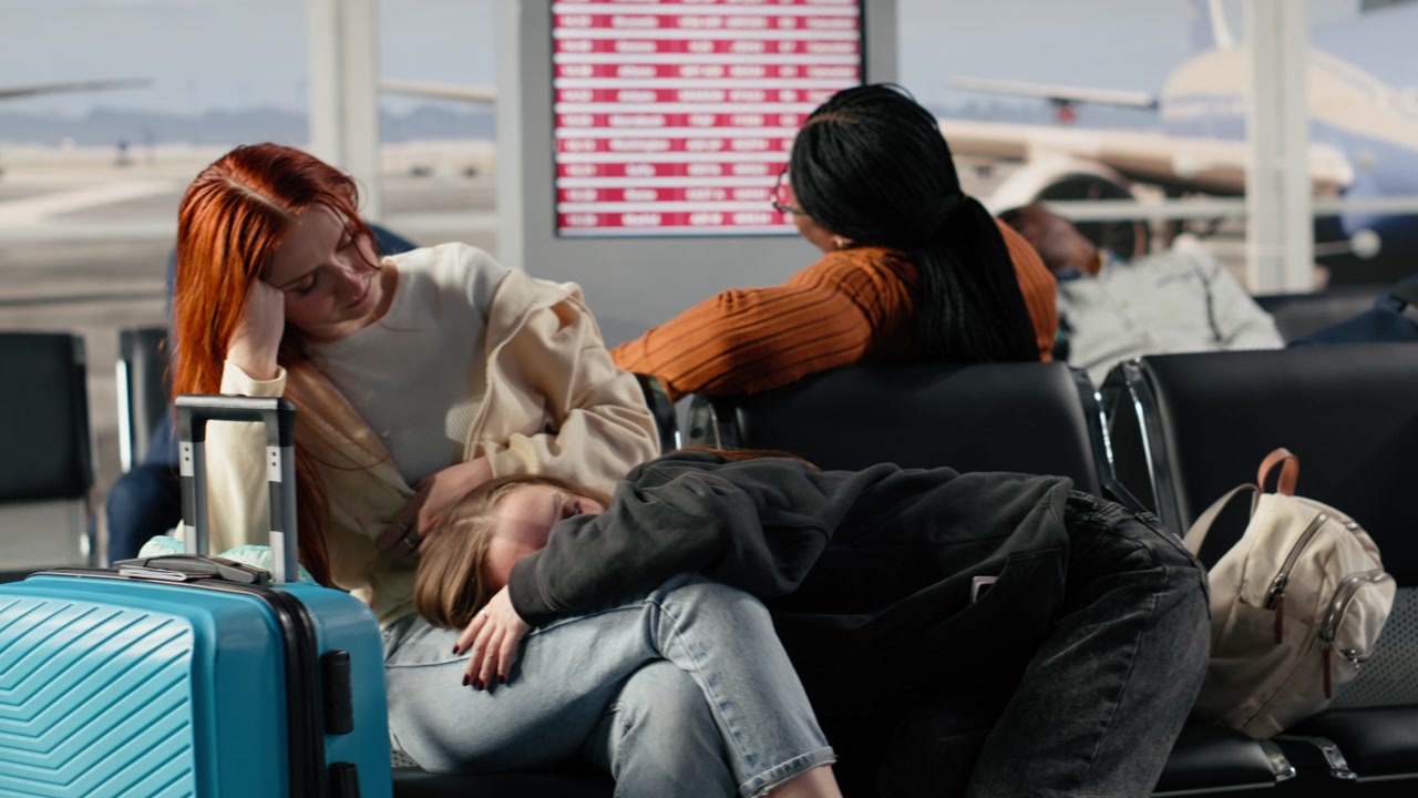 Resting on bench, cancelled flight and multiracial passengers in airport