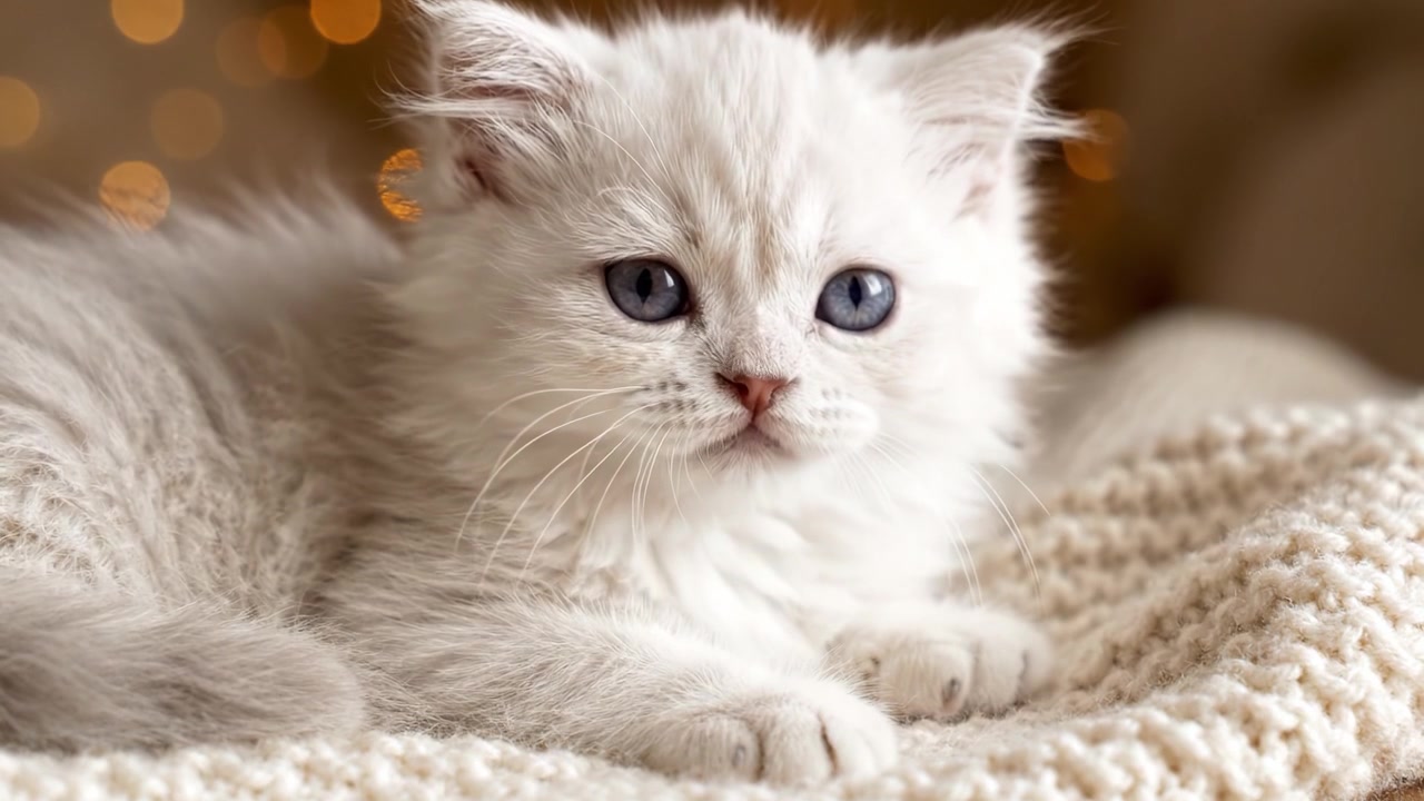 Um Gatinho Branco Fofo de Olhos Azuis Relaxando em um Cobertor Aconchegante, Expressando Brincalhonamente Sua Personalidade com um Bocejo Suave em Meio a um Ambiente Acolhedor