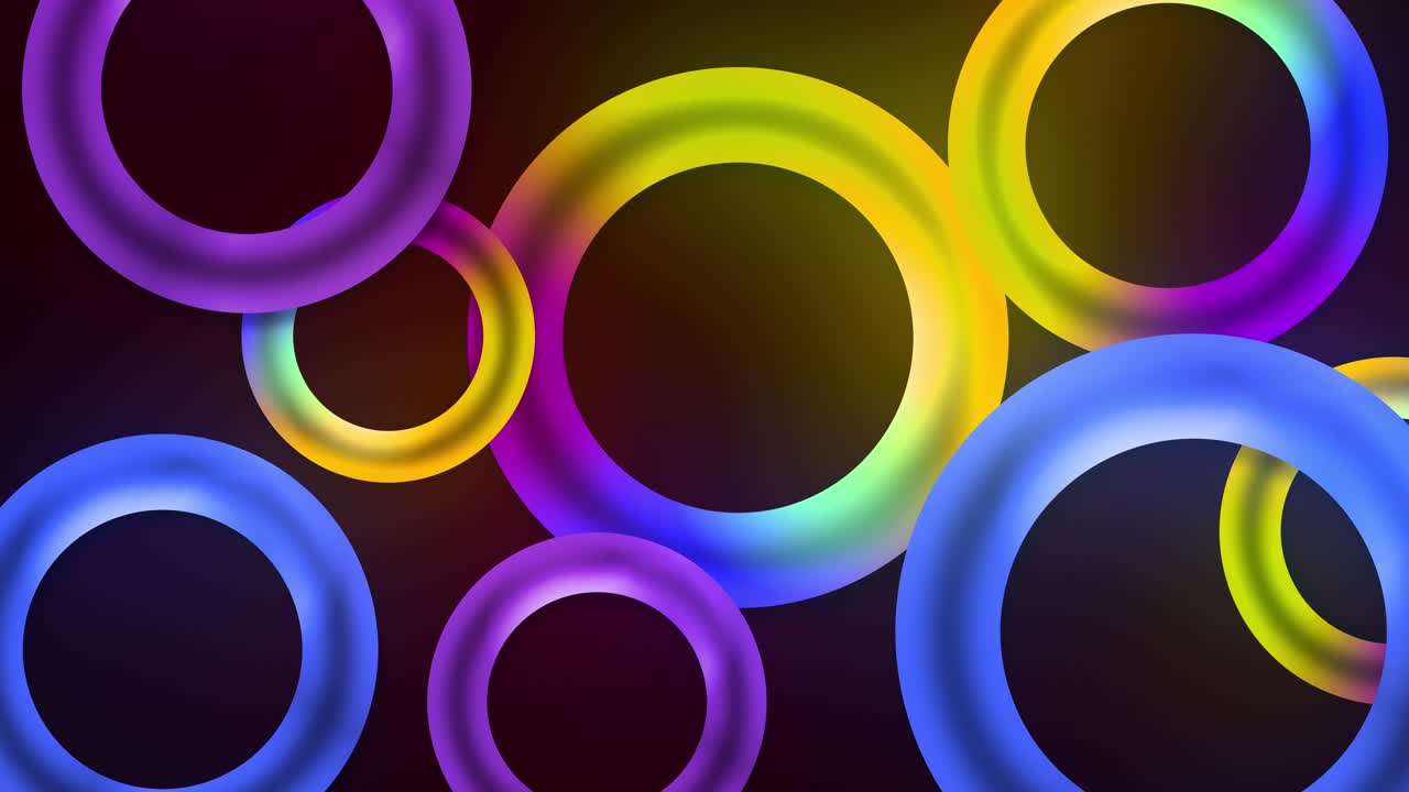 Floating circular multicolour glowing neon 3D torus loop rings on a dark gradient background creating vivid visual shapes vibrant abstract elements dynamic motion graphic animations purple blue yellow