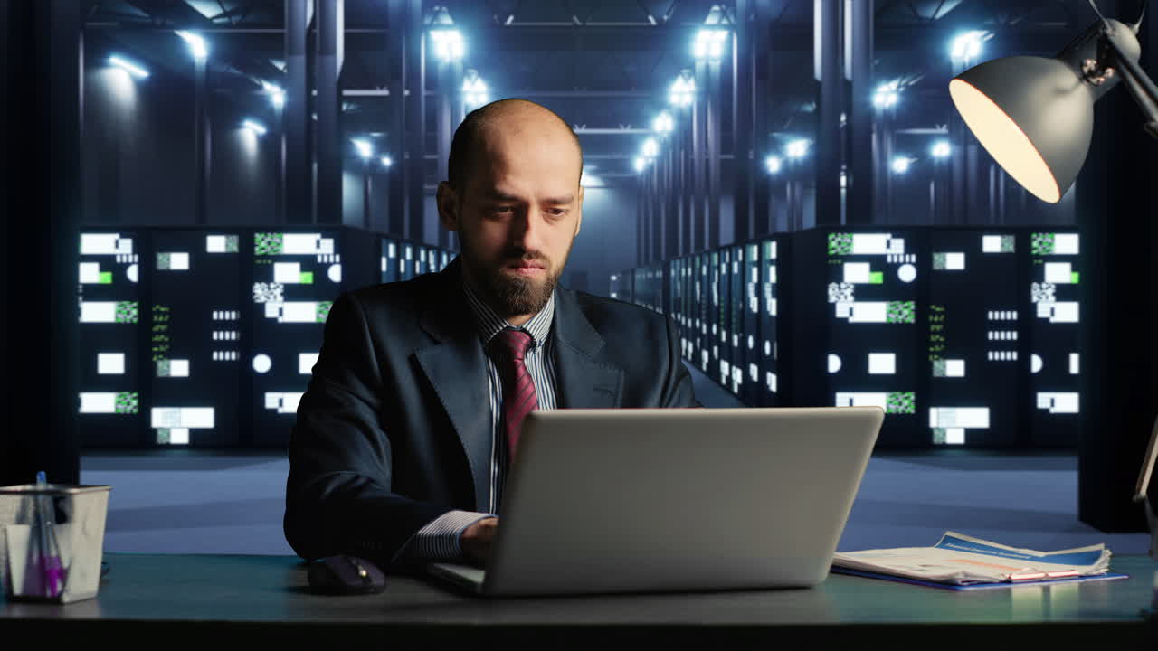 Technician using pc in 3d server room