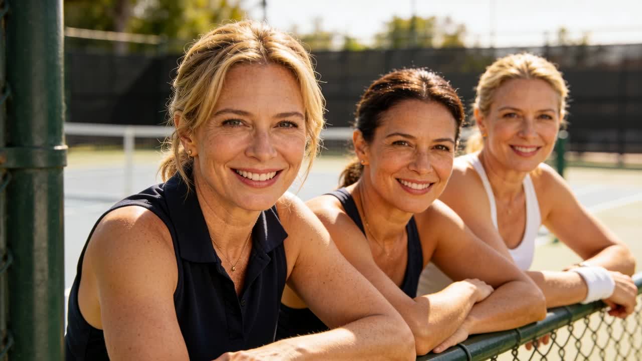 Die Kamera zoomt heran und zeigt die Gesichter von drei Frauen, die auf einem Tennisplatz in Tanktops an einem Maschendrahtzaun lehnen.