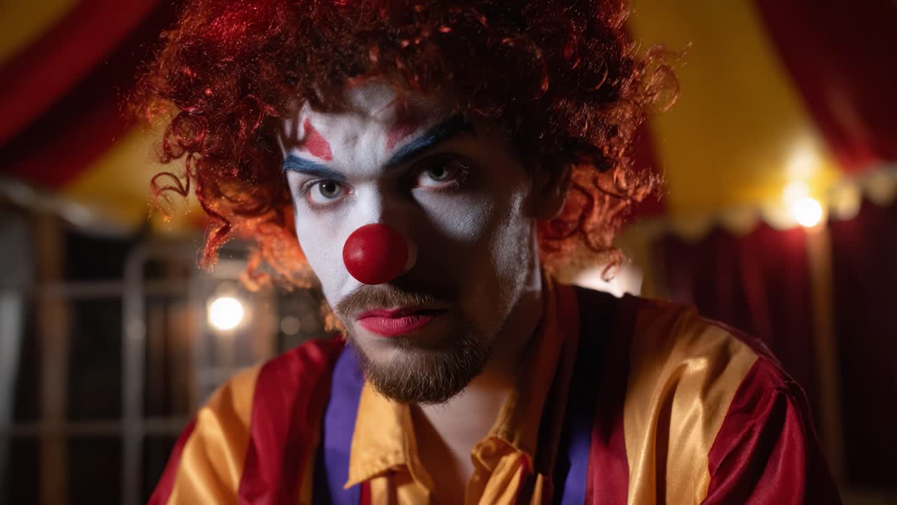Intense Expression of a Clown in a Colorful Circus Setting, Capturing the Essence of Performance Art and the Complex Emotions Behind the Makeup and Costume