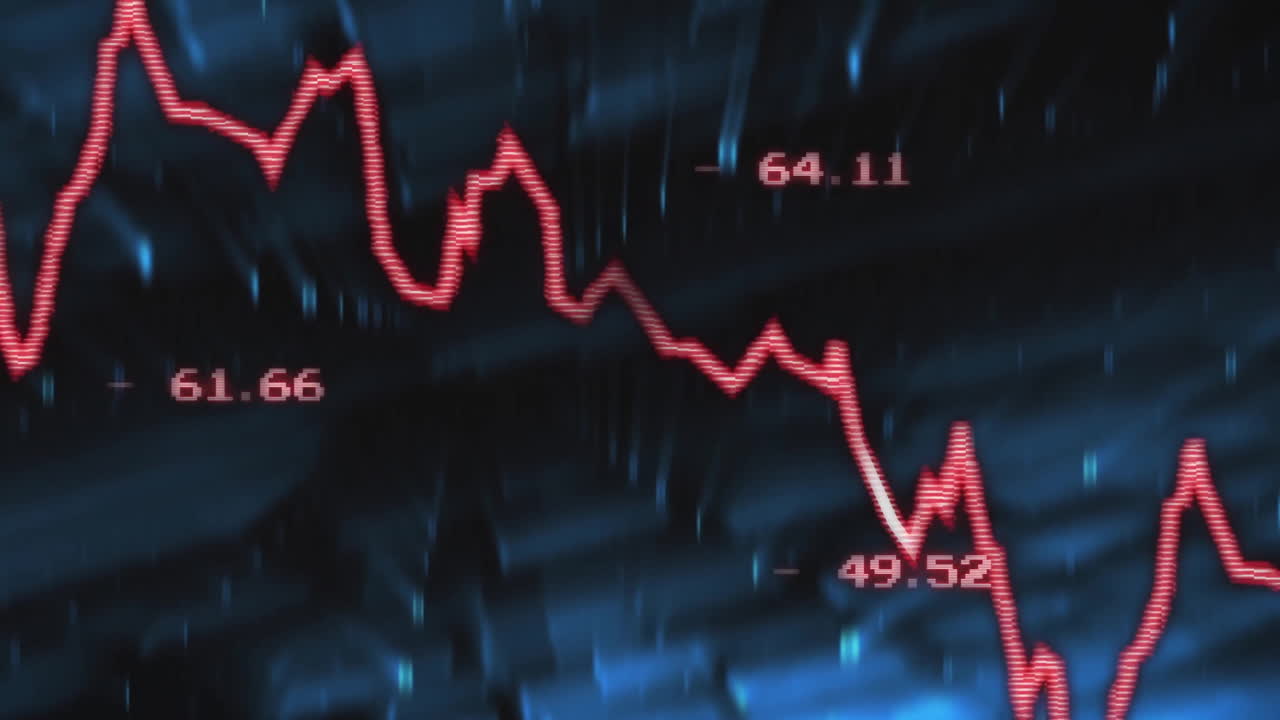 Red stock market graph animation over blue background with fluctuating numbers