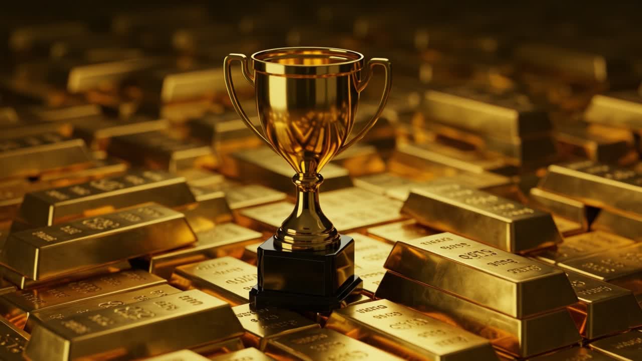 Shining Trophy Stands Proudly Amidst a Sea of Gleaming Gold Bars, Symbolizing Achievement, Success, and the Ultimate Reward for Hard Work and Dedication