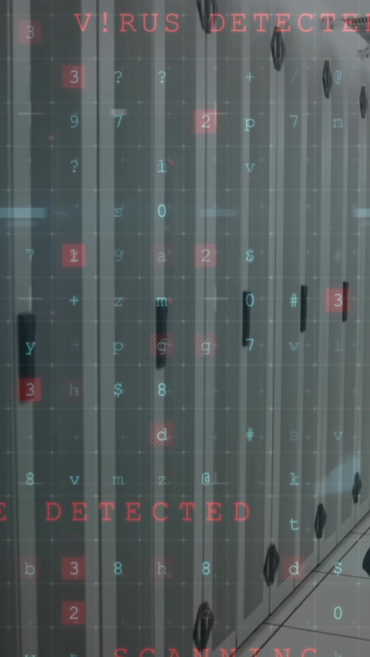 Animation of cyber attack warning over caucasian businessman in server room