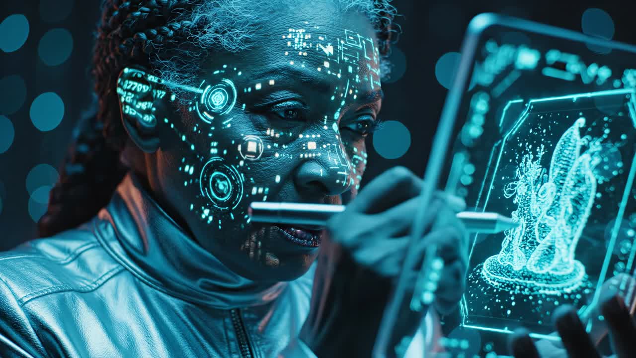 donna futuristica con proiezione ologramma digitale sul volto