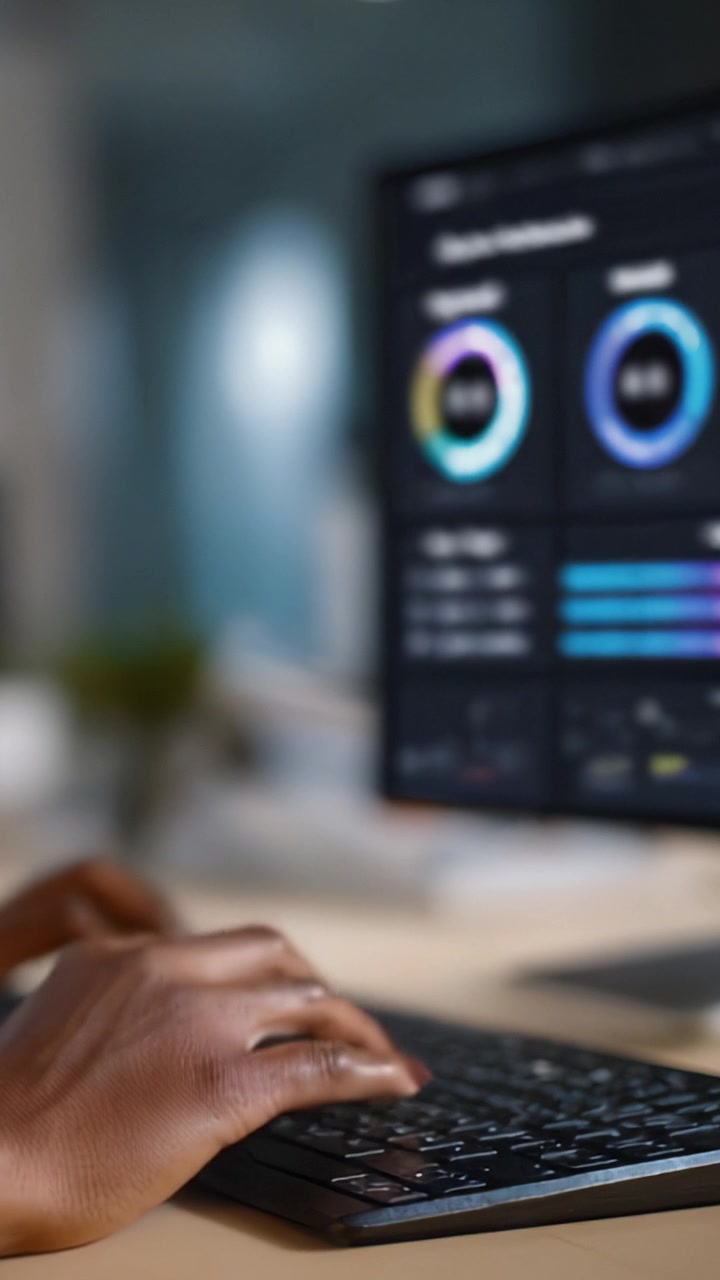 Focused Typing on a Computer Keyboard with Data Visualization on Screen, Showcasing Digital Analytics and User Interaction in a Professional Setting