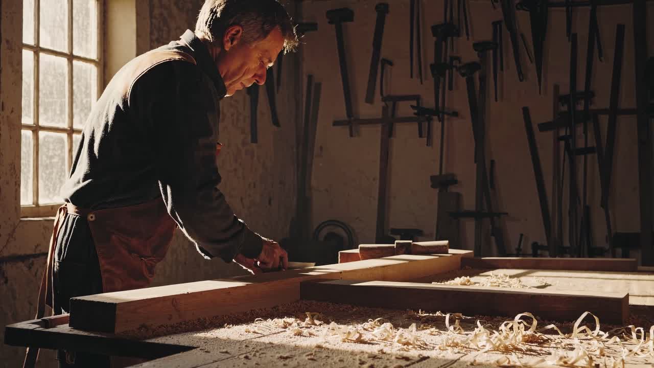 A craftsman works on wood in a sunlit workshop. The side angle captures the rustic atmosphere