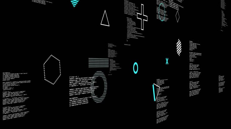 Animation of rotating shapes over text data files processing on black background