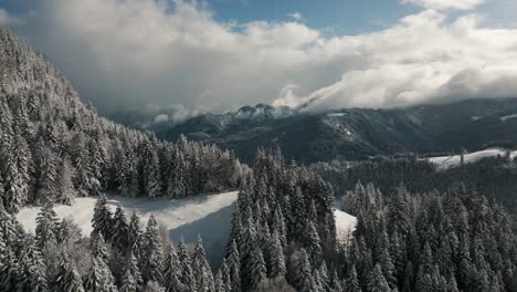 Verschneite-Landschaft-Mit-Sonnenlicht,-Schnee-Und-Blauem-Himmel-Im-Bergrücken