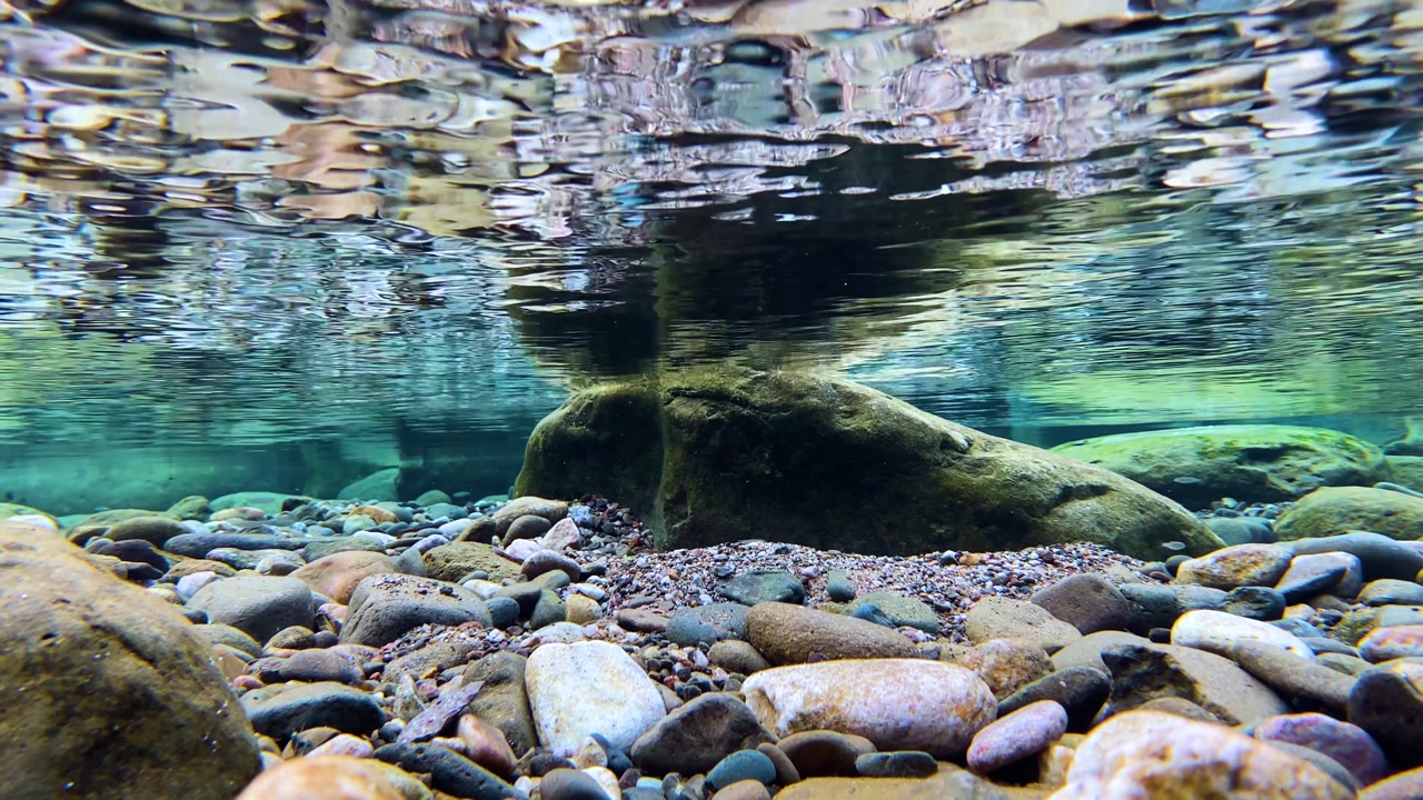 Crystal clear freshwater with boulders and small fish swimming underwater