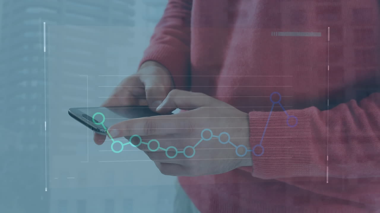 animación del procesamiento de datos financieros sobre una persona que utiliza un teléfono inteligente