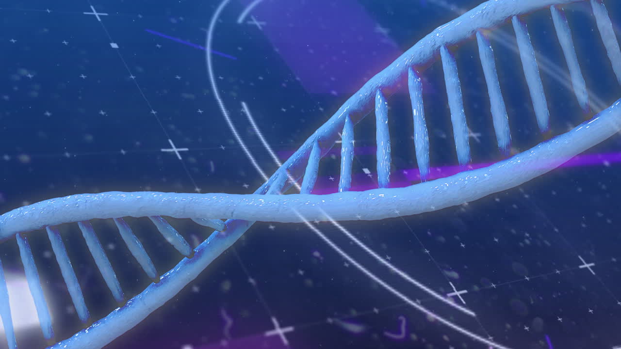 DNA strand and scientific data processing animation over blue background
