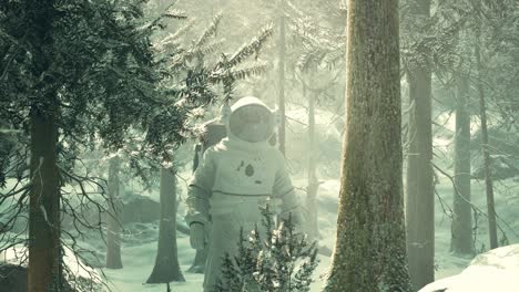 Astronaut-exploring-forest-in-snow