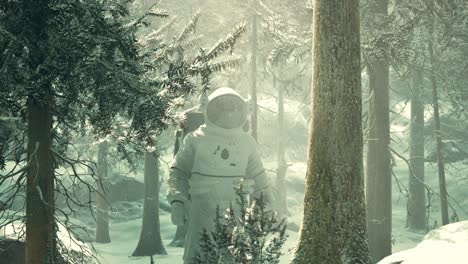 astronauta explorando el bosque en la nieve
